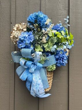 Blue Hydrangea Wreath Basket with Ribbon Accent
